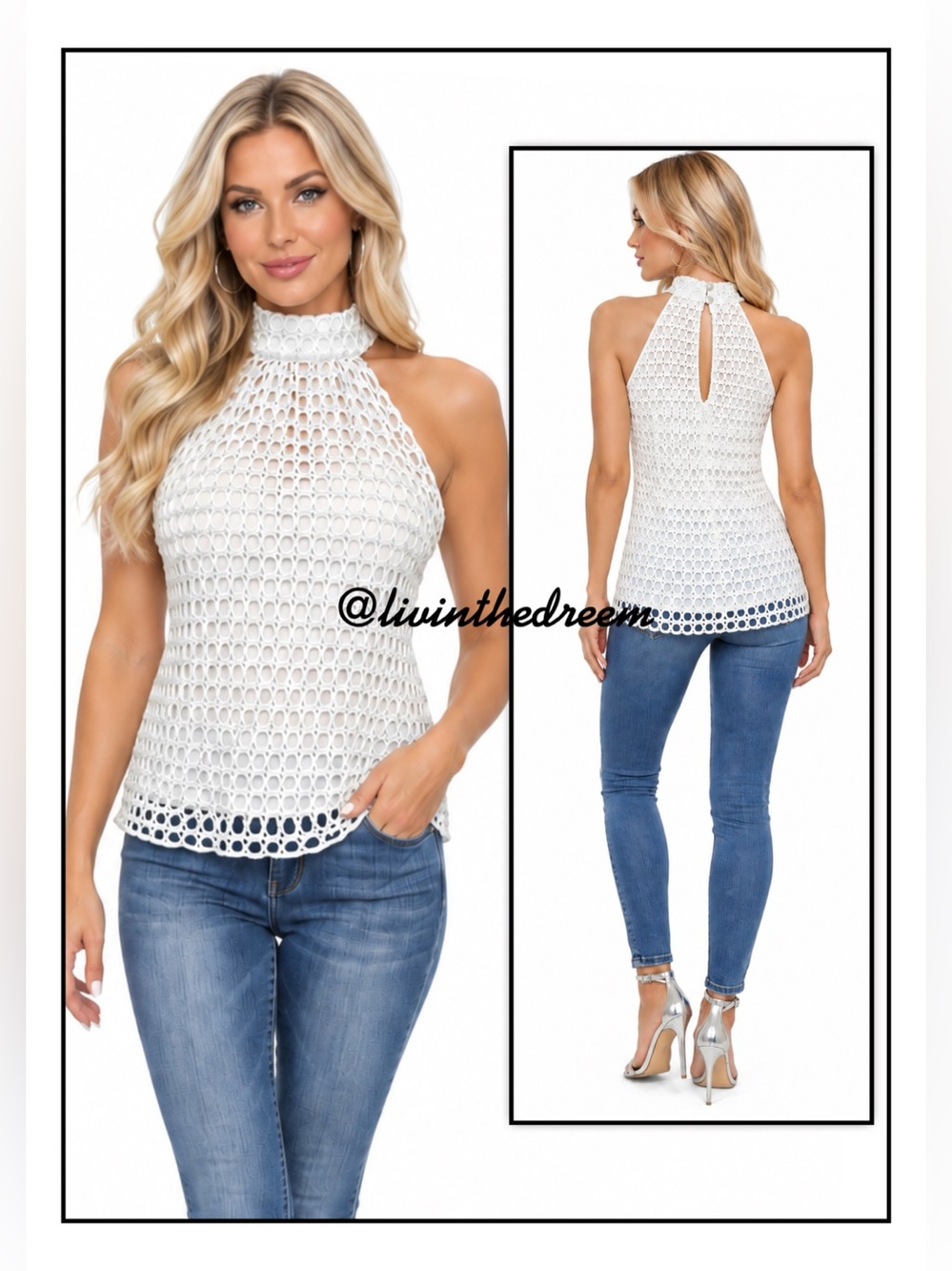 Trouble At The Mill White / Silver ThreadCrochet Open-Knit Halter High Neck Top